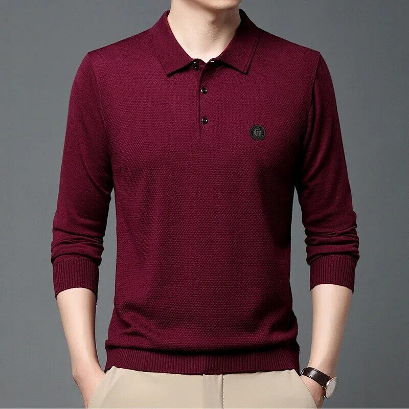 Мужской простой Повседневный пуловер с вышивкой с лацканами, вязаная футболка, Базовая рубашка