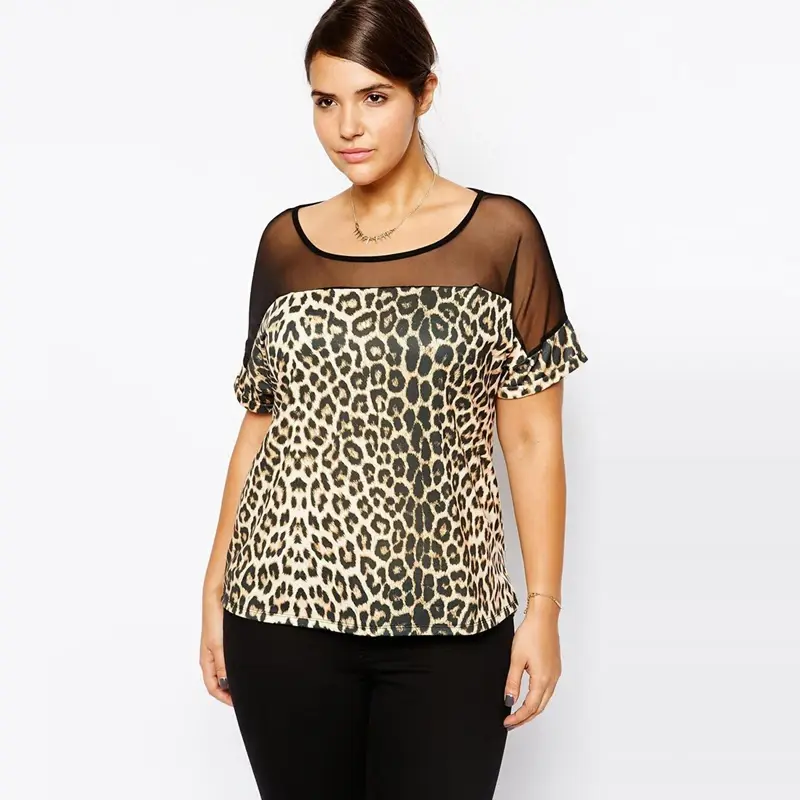 Camiseta informal de manga corta con estampado de leopardo para mujer, Top holgado de retazos de malla, talla grande 5XL, 6XL, 7XL, 8XL