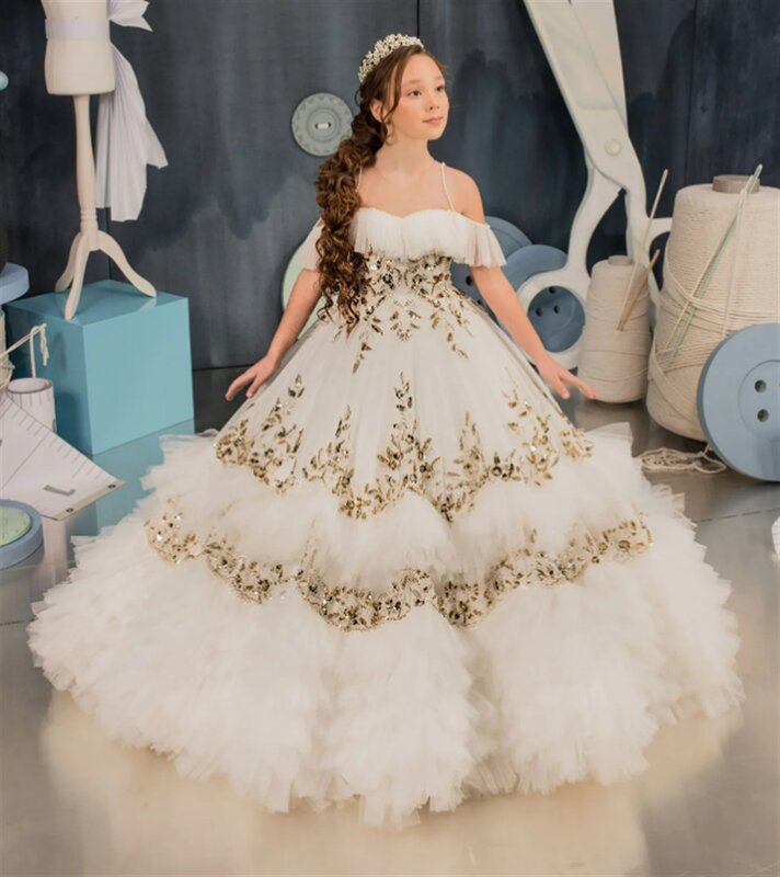 Dziewczęca sukienka w kwiaty biała puszysty tiul złota błyszcząca aplikacja ślubna elegancka sukienka na przyjęcie urodzinowe eucharystyczna dziecko kwiatów