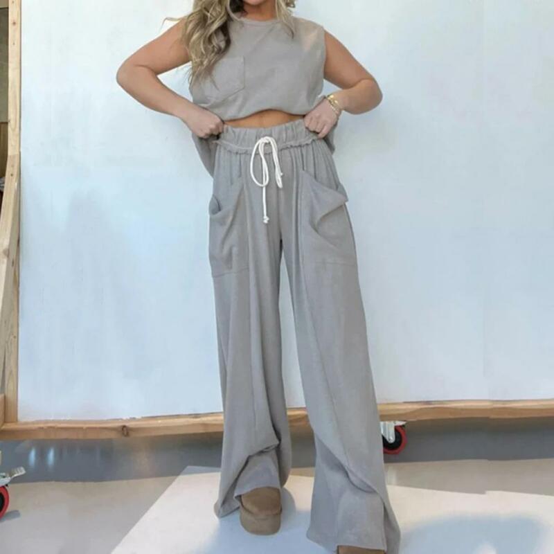 Women Two-piece Suit Daily Summer Outfit Women's Sleeveless Vest Wide Leg Pants Set with Drawstring Waist Side for Comfort