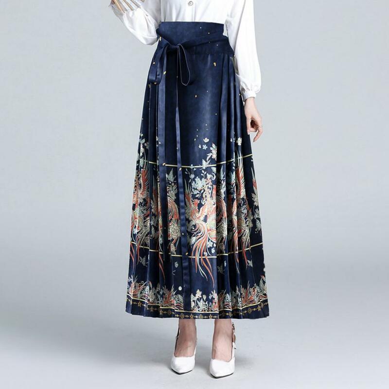 Elegant Chinese Women Maxi Skirt Vintage High Waist Phoenix Print Hanfu Skirts Pleated Lace-up Horse Face Skirt Wedding Skirts