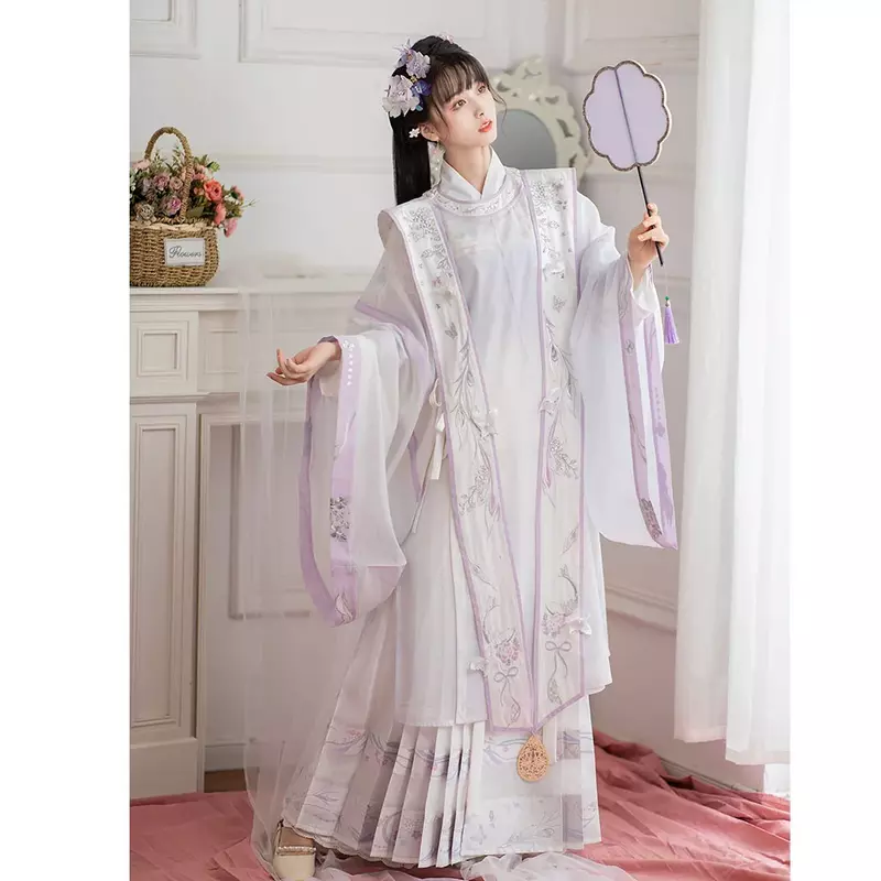 Original Ming Dynasty Hanfu Round Neck Robe Horse Face Skirt Women Chinese Traditional Dresses Fairy Folk Stage Dance Clothing