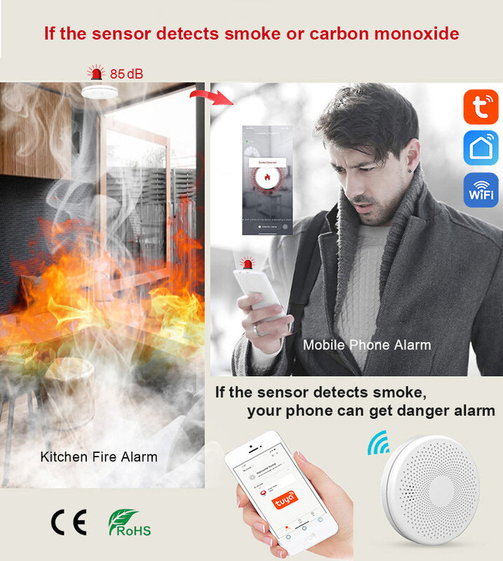 Датчик угарного газа Tuya WiFi 2 в 1, детектор дыма с оповещением от приложения Smart Life, пожарная и звуковая сигнализация, защита для дома