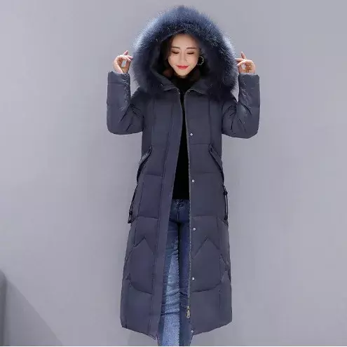 Nuova giacca invernale da donna 2023 moda di media lunghezza Slim sopra il collo di pelliccia al ginocchio cappotto di cotone spesso elegante Parka grigio abbigliamento donna