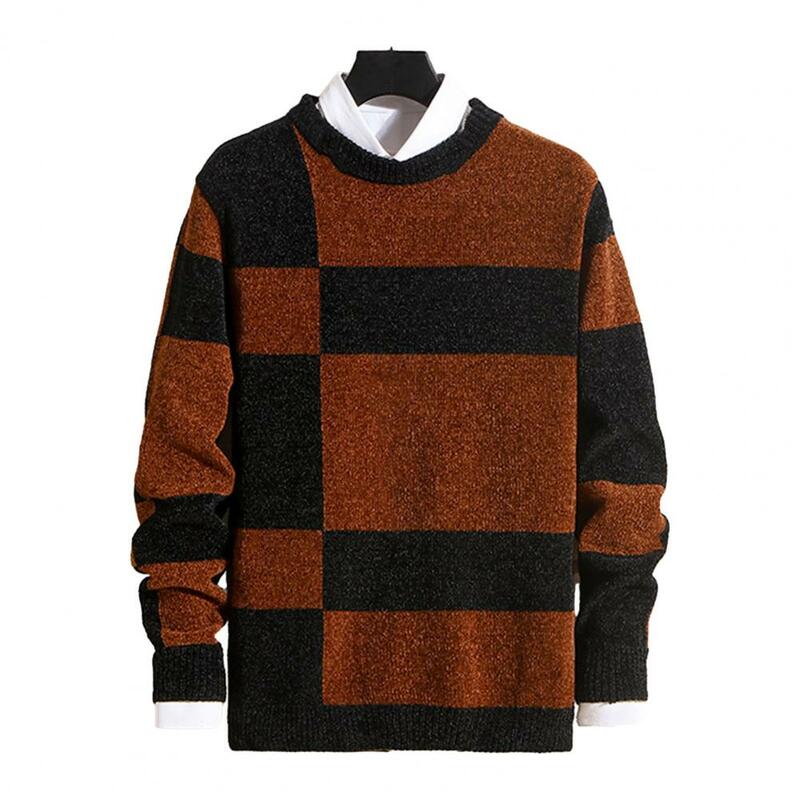Suéter de cor contrastante masculino, malha grossa, gola redonda, pulôver elástico fino, ao ar livre, outono, inverno