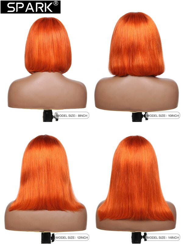 SPARK #350 Ginger Bob Wig Human Hair Orange Colored Pre Plucked Lace Front Virgin Hair Middle Part Straight Short Bob 8-16 Inch