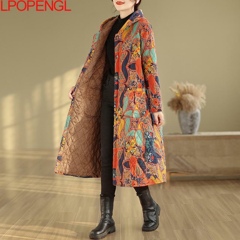 Modne damskie zimowe kwiaty z kapturem jednorzędowa bawełniana kurtka nowy ciepły luźny etniczny styl długi rękaw płaszcz z szeroką kamizelką