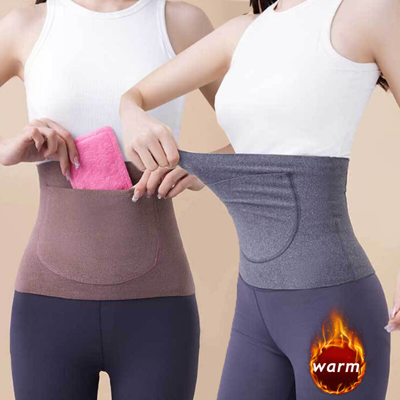 Зимняя теплая поддержка талии для женщин, Однотонные эластичные поясные ремни с карманом, подогреватель заднего давления, внутренняя одежда