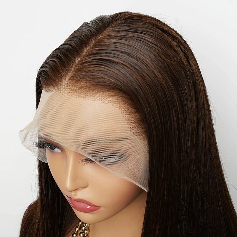 Peluca de cabello humano liso con encaje Frontal para mujer, pelo Remy indio predespuntado, color marrón oscuro, densidad de 200, 13x4