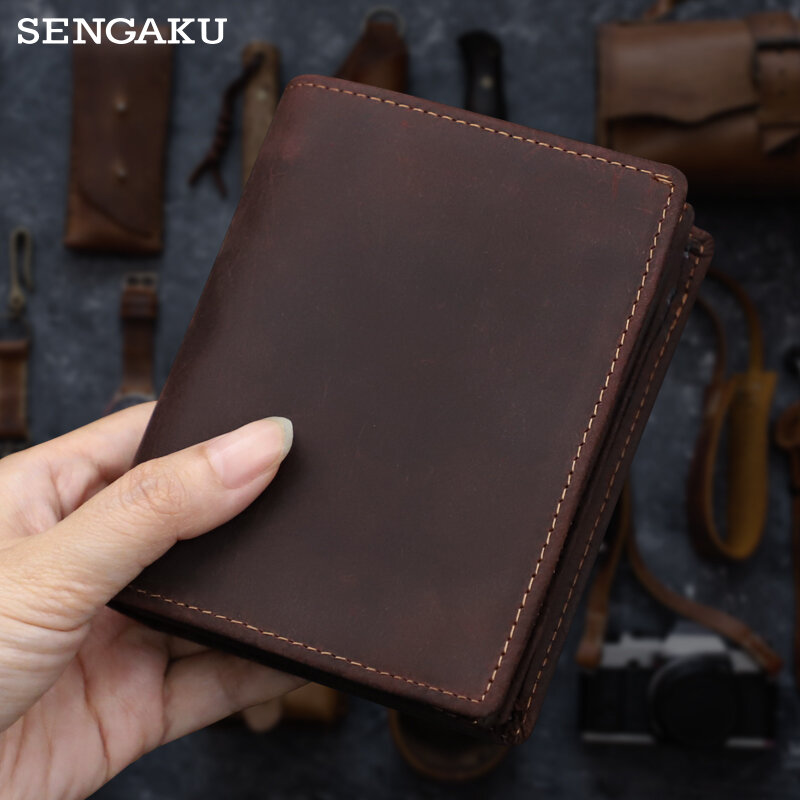 Retro Men's Short Wallet Handmade Genuine Leather Card Slot Money Bag Coin Purse With Zipper Portable Fold Wallet For Male