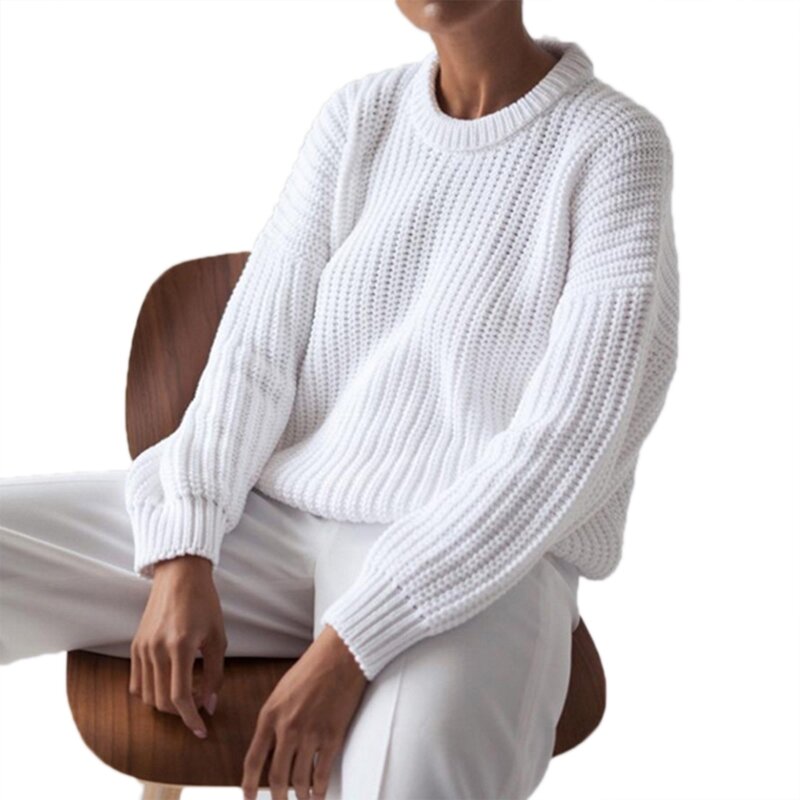 Damski sweter grubej dzianiny długim rękawem, dekoltem kształcie litery "o", jednolity luźny sweter topy Dropship