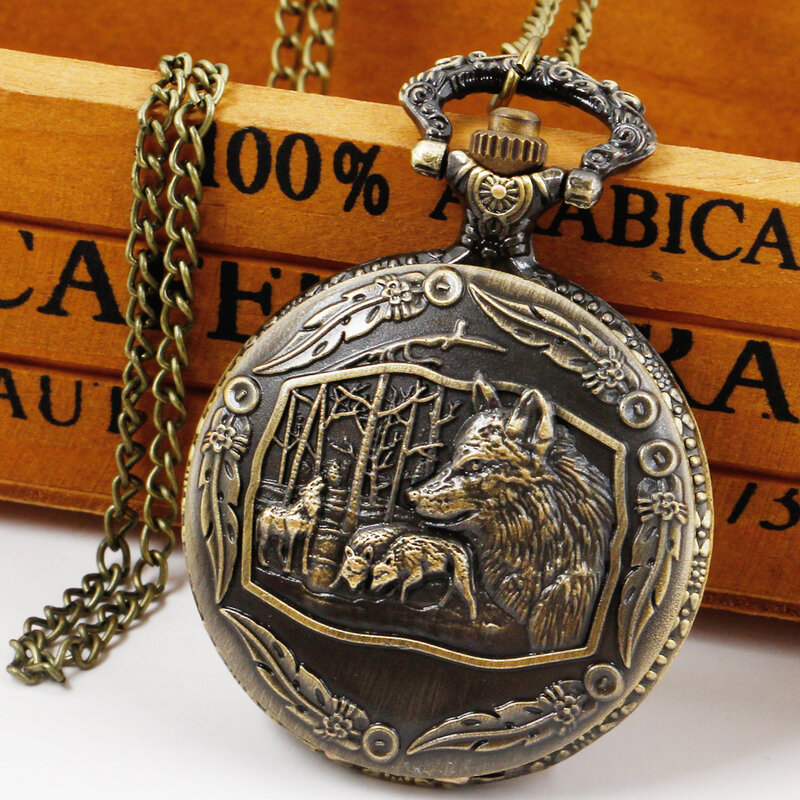Creative Wild Wolf Bronze Retro Pocket Watch Men Women Fashion Pendant Awesome Animal Quartz Necklace Clock with Chain Best Gift