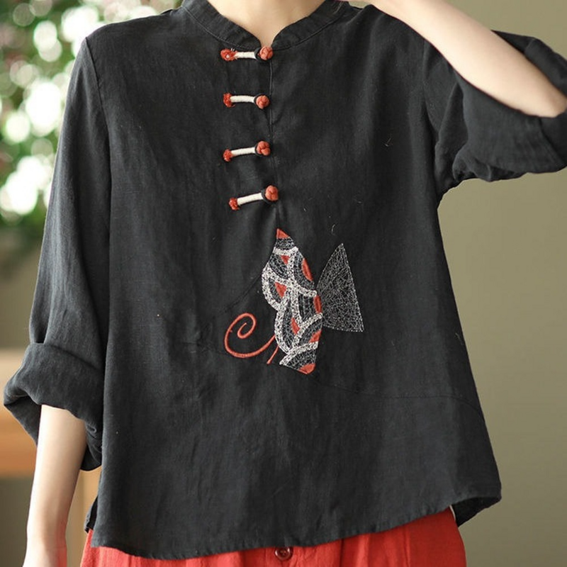 Chemise de style chinois pour femmes, vêtements traditionnels, broderie en lin, chemisier rétro pour femmes, grande taille 3XL, 2023