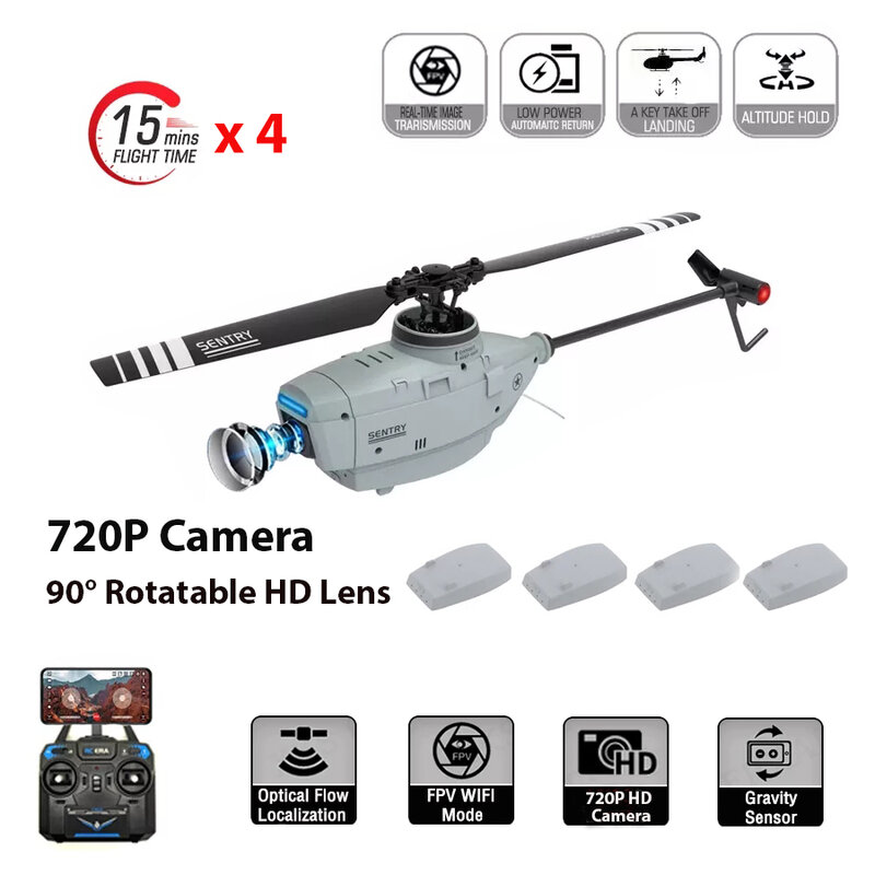 C127 2.4GHz RC Drone 720P Camera 6-Axis Wifi Sentry Helicopter Wide Angle Camera Single Paddle Without Ailerons Spy Drone RC Toy