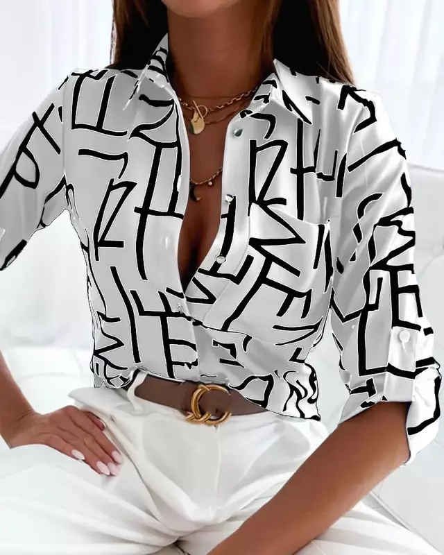 Camisa de manga larga para mujer, blusa elegante con estampado de letras, tendencia de moda, oficina, 2024