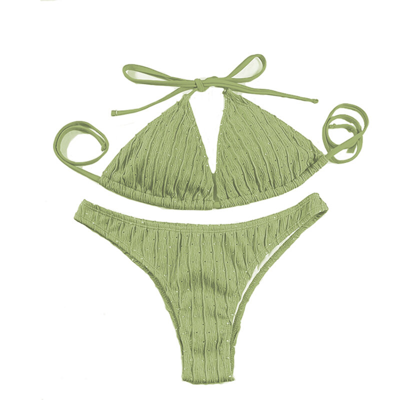 Traje de baño de dos piezas para mujer, bañador Sexy de Jacquard con cordón, conjunto de Bikini, ropa de playa, 2024