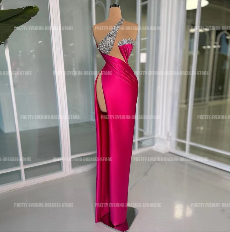 Cut Out Glitter Evening Dresses Smooth Satin Woman's Trumpet Sexy Prom Growns Sleeveless Side Split Pleat Formal Party Vestidos