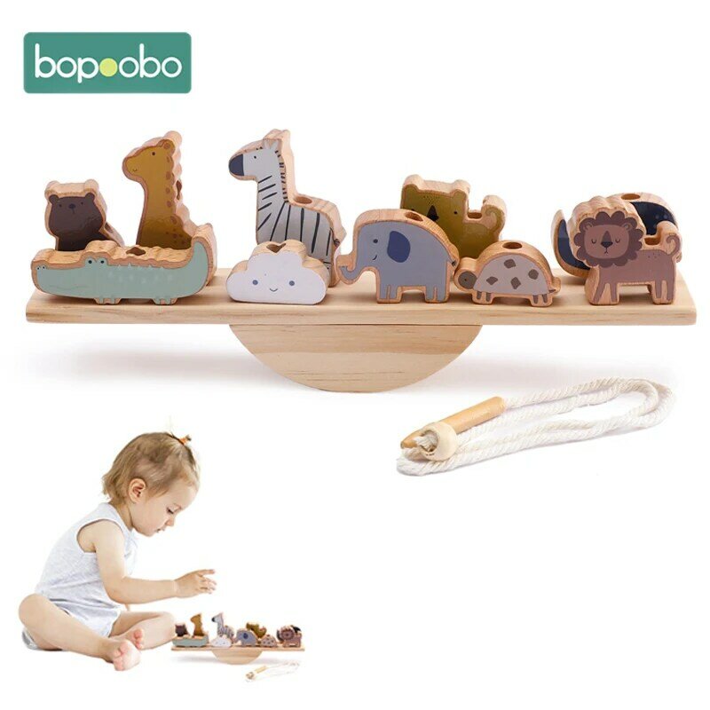 Juguetes de balancín de enhebrado de animales para bebé, juguetes apilables de madera, juego de bloques Montessori, habilidad de equilibrio manual, regalo educativo para niños