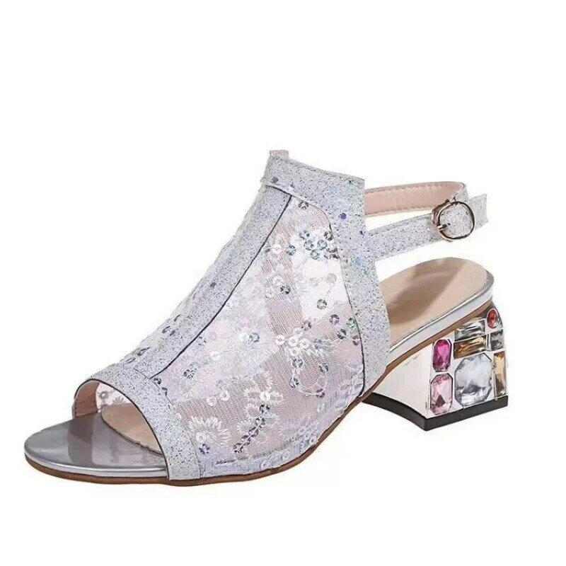 Women's Rhinestone Sandals 2023 Summer Hollow Lace Sandals Fashion Fish Mouth Shoes Jewelry Decorative Mid Heel Sandals