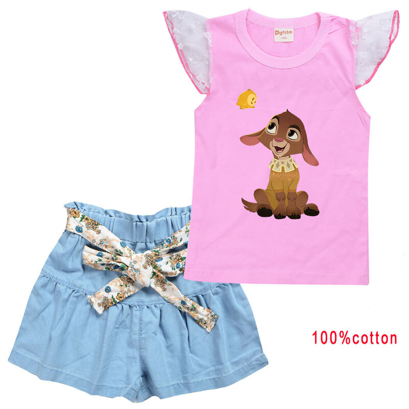 Conjunto de 2 piezas de ropa de dibujos animados para niñas, camiseta de verano, pantalones cortos, chándales deportivos informales