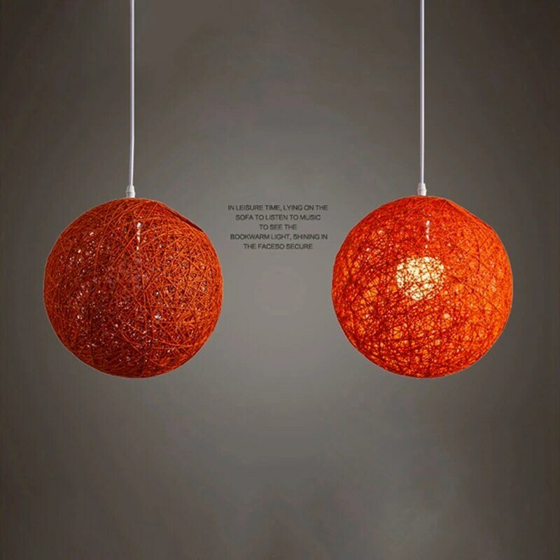 2X Coffee / Orange Bamboo, Rattan And Hemp Ball Chandelier Individual Creativity Spherical Rattan Nest Lampshade