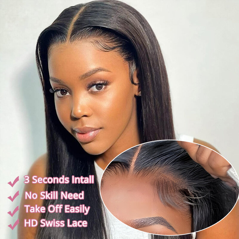 Peluca recta de hueso sin pegamento para mujeres negras, cabello humano listo para usar, encaje frontal brasileño, pelucas prearrancadas