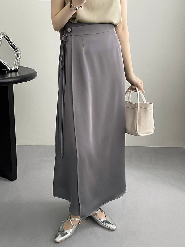 Summer New Feminine Medium Length Skirts High Quality Satin Finish Elastic Waist Side tie Office Lady A-Line Solid Cozy Vestidos