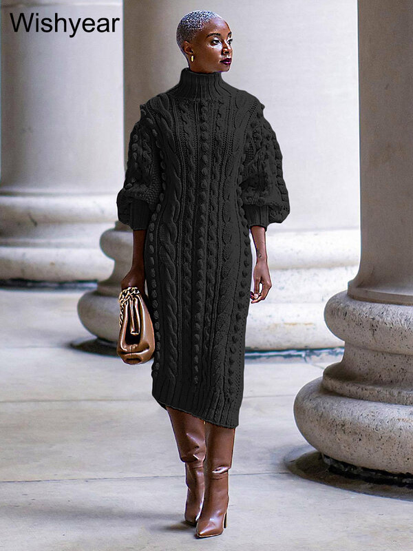 Elegant Solid Braid Knitted Sweater Dress for Women Birthday Party Winter Turtleneck Long Sleeve Side Split Vestidos Streetwear
