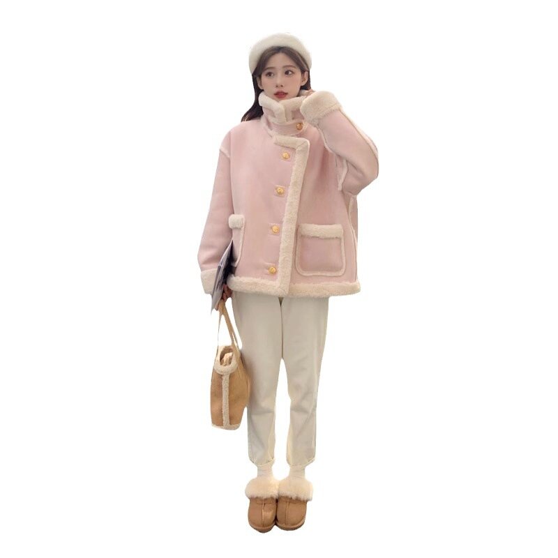 여성용 핑크 셰르파 캐시미어 재킷, 짧은 겨울 모피, 단색 루즈 스티치, 긴팔, 작은 한국 스타일, 두꺼운 신상