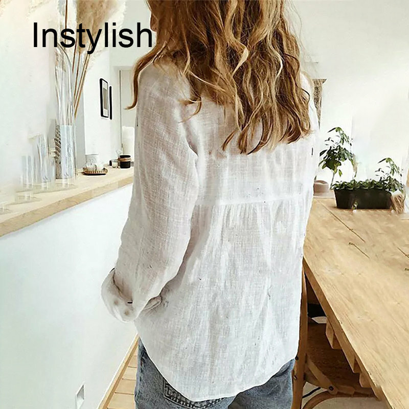 Women Casual Long Sleeve Cotton Linen Loose Shirt Elegant Solid Harajuku Lapel Blouse Vintage Oversize Tops Y2K Streetwear Tunic