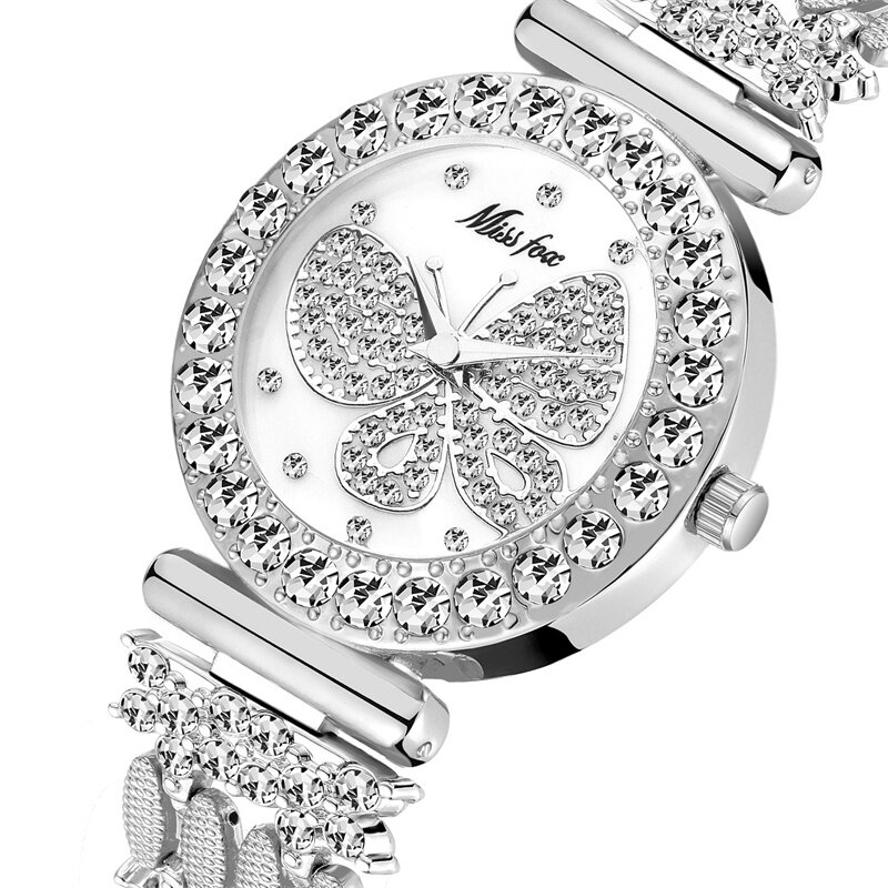 Montres étanches en acier inoxydable pour femmes, papillon Bling, montre à quartz élégante pour dames, horloge diamant, marque supérieure, mode de luxe
