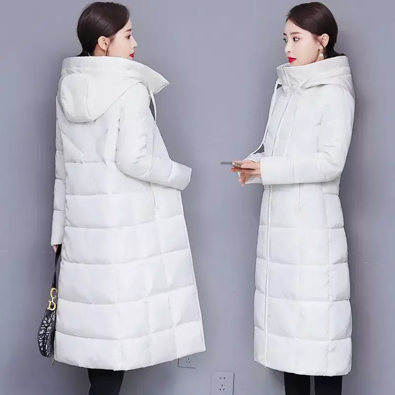 Женская ветронепроницаемая куртка, толстое теплое длинное пуховое пальто, Белое Женское базовое зимнее пальто, зимние парки с капюшоном из хлопка