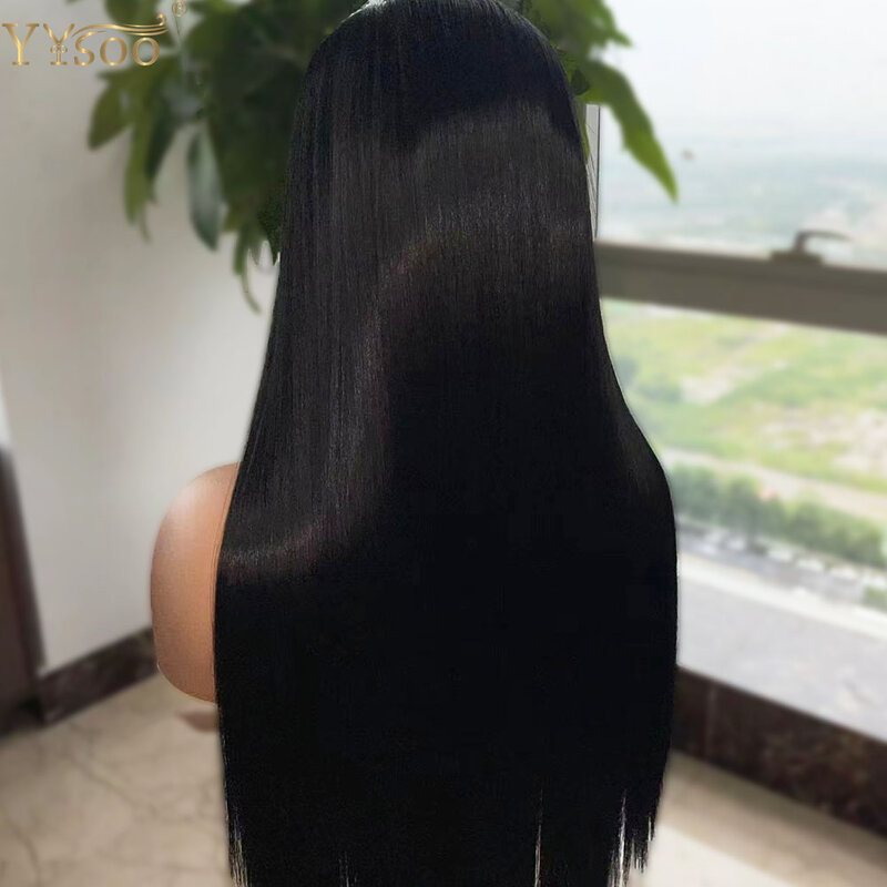 YYsoo-Long Black Futura peruca de cabelo sintético para mulheres negras, pré arrancadas, reto, meia mão amarrada, sem cola, frente de renda, 13x4