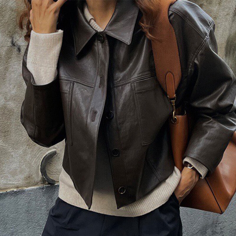 Herbst Winter Pu Jacke Frauen Turn-Down-Kragen Einreiher einfarbig Mantel koreanische Casual Fashion Langarm Outwear