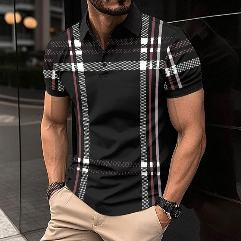 2024 Nowa moda męska Oddychająca koszulka POLO z krótkim rękawem w paski Zapinana na guziki męska odzież wierzchnia