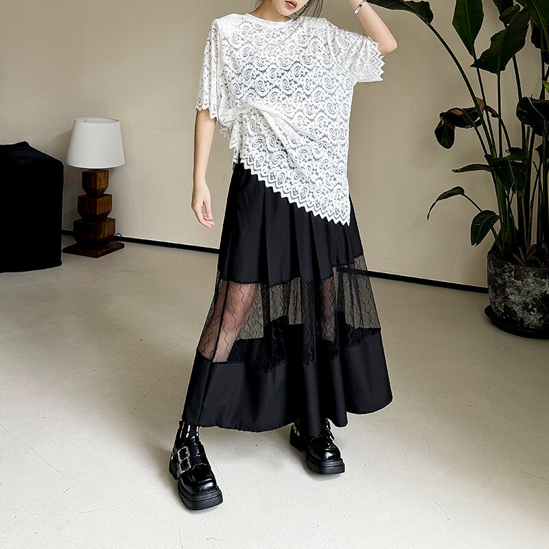 Falda de medio cuerpo para mujer, falda de malla Irregular negra con cintura alta elástica, tendencia de moda, primavera y otoño, 2024