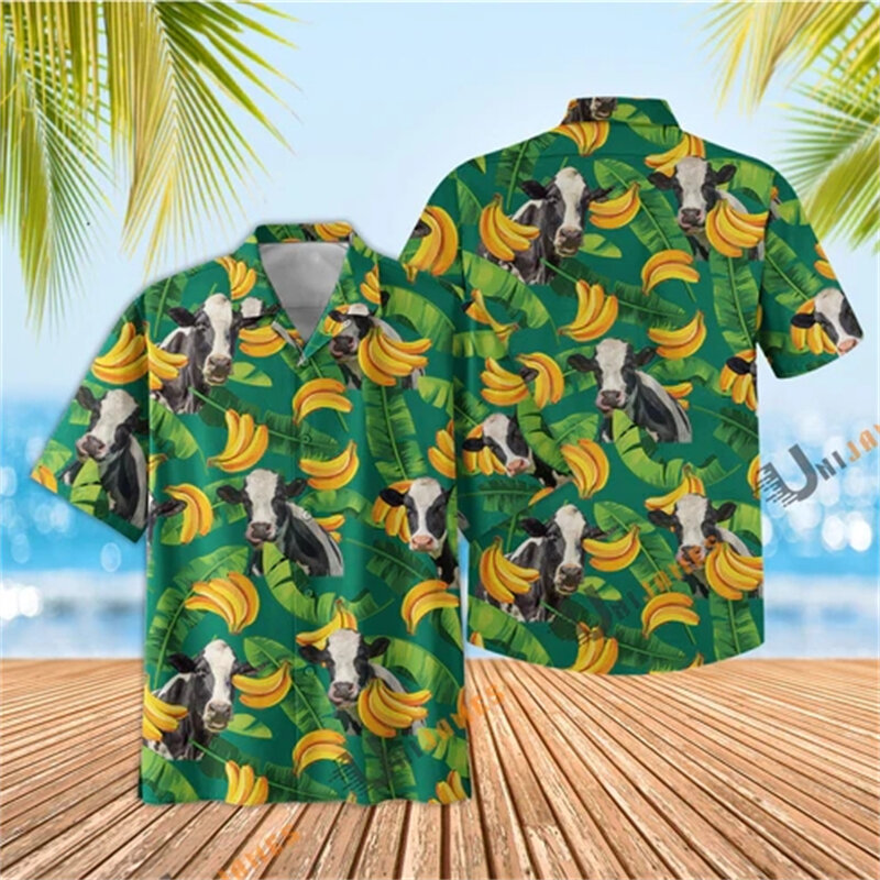 Vaca 3D masculina havaiana impressa camisas de praia, camisa gráfica engraçada da vaca flor, blusas Aloha de ovelha animal, roupas de manga curta