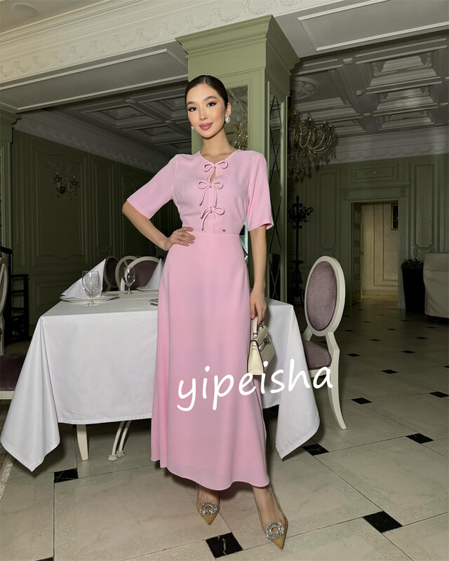 Jersey Bow Cocktail Party A-line O-Neck Bespoke Occasion Gown Midi Dresses