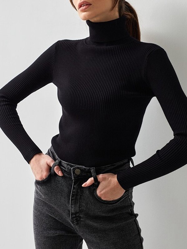 Женский трикотажный свитер с высоким воротником в рубчик, облегающий вязаный пуловер с длинным рукавом, топы, повседневный однотонный облегающий джемпер