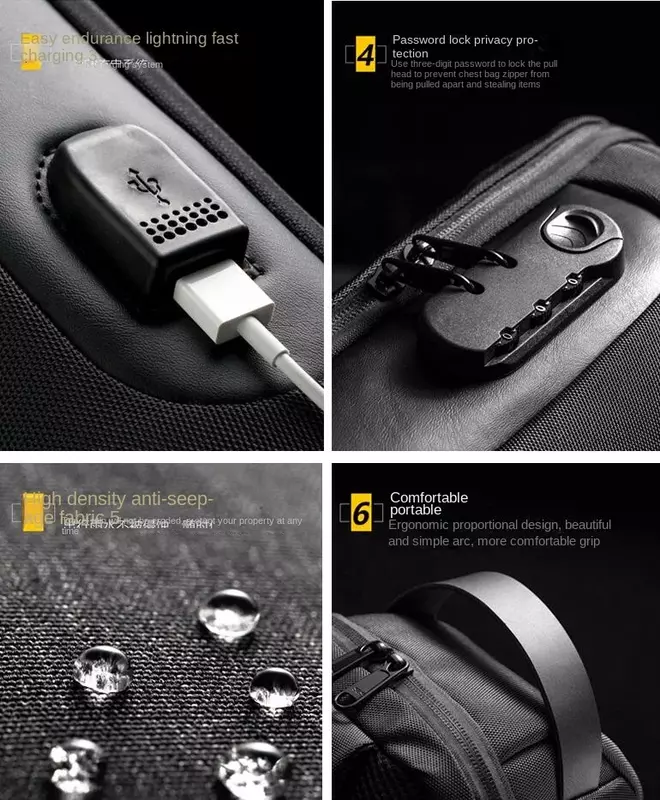 Сумка кросс-боди Мужская водонепроницаемая, Многофункциональный мессенджер на ремне через плечо с USB-разъемом и защитой от кражи, сумочка-слинг для путешествий