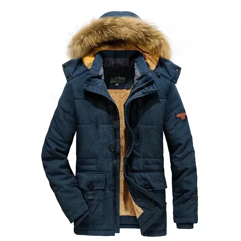 Jaket panjang parka pria, jaket parka musim dingin hangat bulu domba dapat dilepas kasual katun luar ruangan 7XL