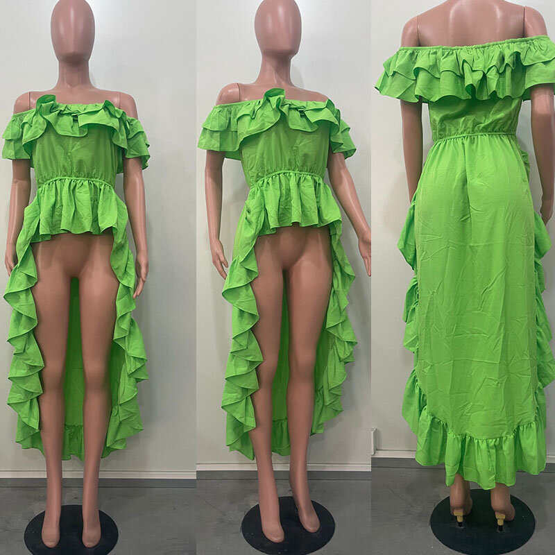 Sexy Asymmetrical Ruffles Long Dresses for Women Off the Shoulder Slash Neck High Waist Party Club Maxi Dress Elegant Vestidos