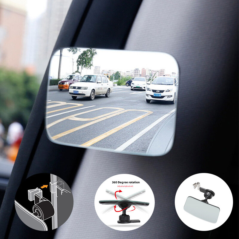 กระจกมองหลังสำหรับรถยนต์ HD นูนกระจกสแควร์360ปรับมุมมองด้านหลังรถกระจกด้านข้างที่จอดรถกระจกเสริม