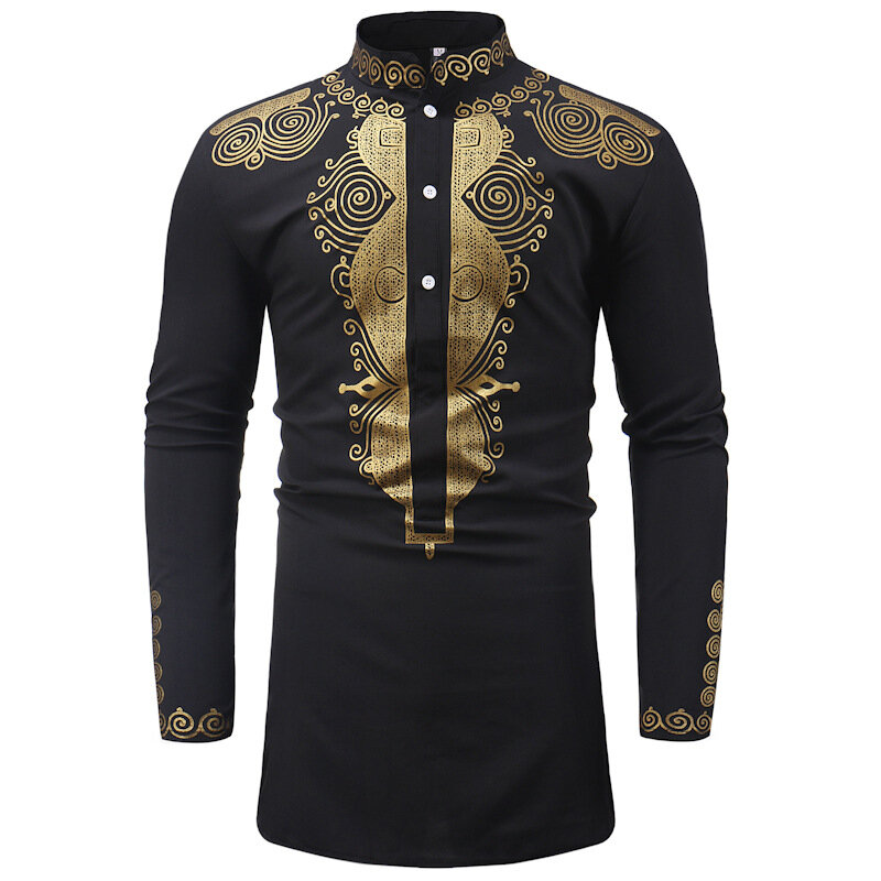 Men tops Autumn Winter Stand Collar Long Sleeve Casual Middle East Style Bronzing Stand Collar Mid-length Shirt African Clothes