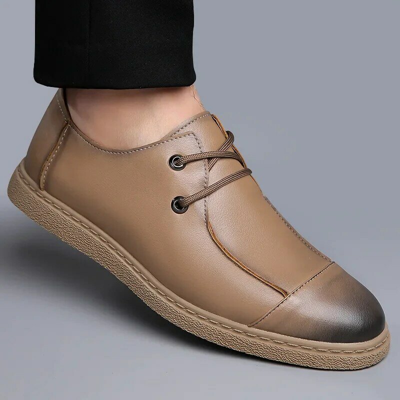 Туфли мужские кожаные в британском стиле, мягкие лоферы на плоской подошве, без застежки, ретро, Прошитые вручную, для улицы, прогулок, формальная обувь, весна-осень