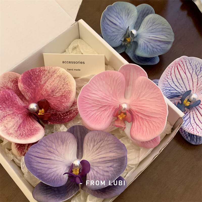 Pinza para el pelo grande de perlas Phalaenopsis de color degradado, horquilla de flores de simulación de estilo chino Vintage, accesorios para el cabello, 2024