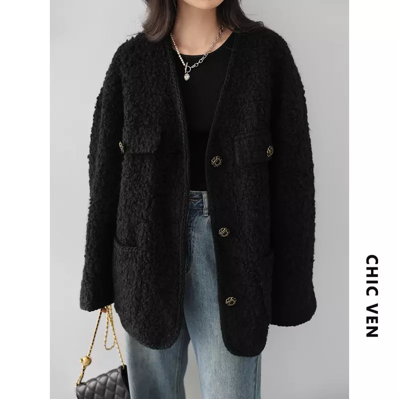 CHIC VEN-abrigo de lana para mujer, chaqueta Vintage de un solo pecho, con cuello en V, para oficina, Tops femeninos, primavera y otoño, 2023