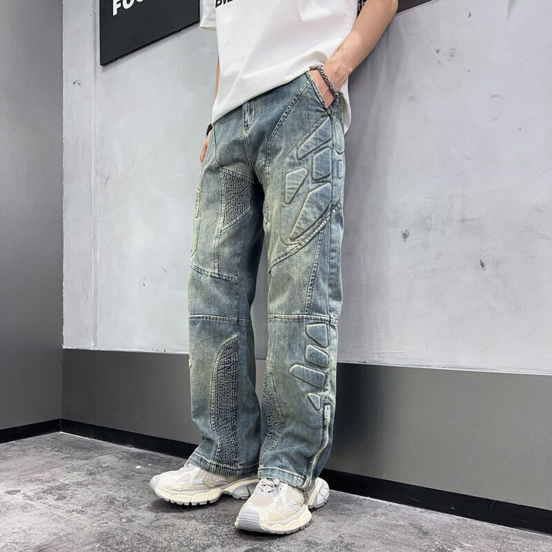 Модные высококачественные джинсы, мужские свободные прямые узорные трендовые повседневные уличные широкие брюки на молнии в стиле ретро