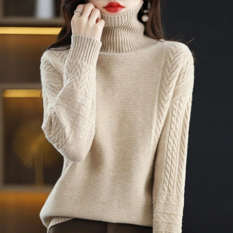 Sweater Wanita Wol Murni Turtleneck Bunga Kabel Longgar Angin Malas Jacquard Musim Gugur Musim Dingin Pakaian Luar Tebal Atasan Rajutan Dalam