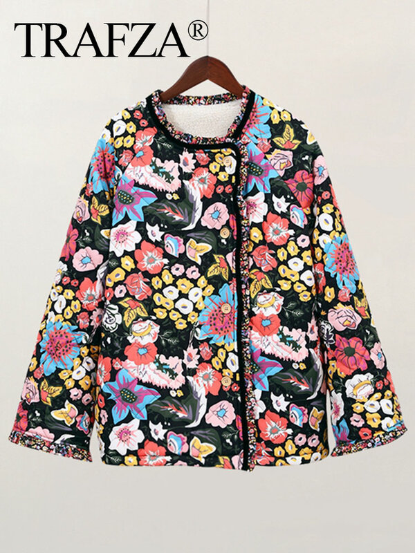 TRAFZA-Casaco com estampa de flores feminino, acolchoado, reversível, manga comprida, frente aberta, casacos 2 em 1, streetwear vintage, outono